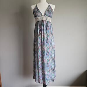 Route 66 Maxi Dress Size M Blue Y2K Halter Crochet Waist Boho Summer Festival